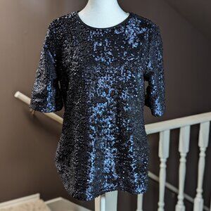 Ann Taylor Sequin Elbow Sleeve Top, Size M. NWOT. Dark navy (almost black)